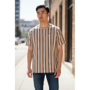 Brooklyn Laundry‎ Shirt Mens Medium Tan Vertical Stripe Tokyo Graphic Crewneck